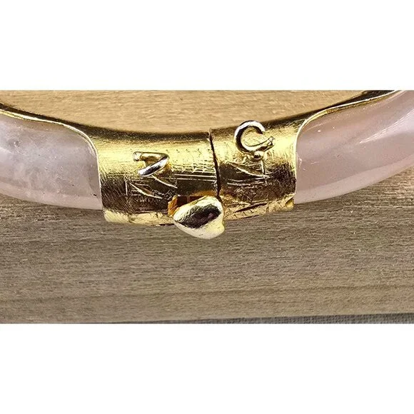 Vintage Jadeite & 10KT Gold-Plated Hinged Bangle Bracelet - Statement Piece - Picture 3 of 7